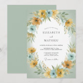Sage Yellow Floral Garland Wedding 招待状 (正面/裏面)