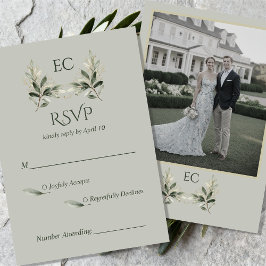 SageGreen Olive Branch Monogram Photo Wedding 出欠カード