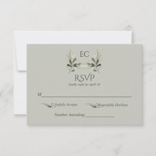 SageGreen Olive Branch Monogram Wedding 出欠カード (正面)