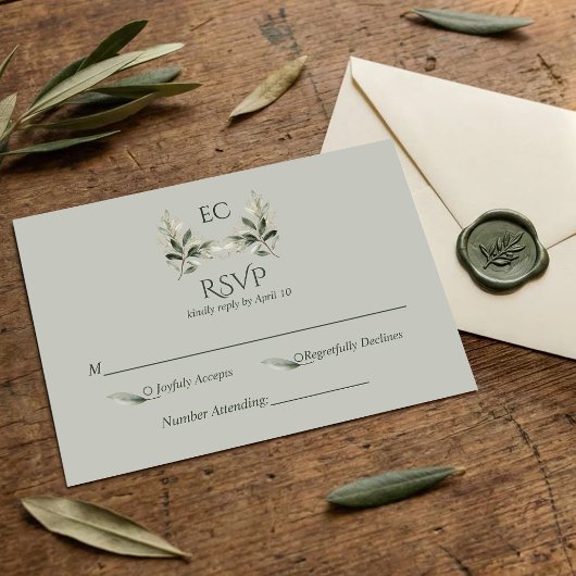 SageGreen Olive Branch Monogram Wedding 出欠カード