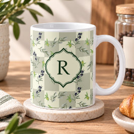 SageGreen Watercolor Olive Pattern モノグラム コーヒーマグカップ