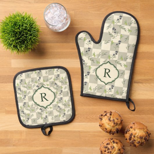 SageGreen Watercolor Olive Pattern モノグラム 鍋つかみ&鍋敷きセット (トップダウン)