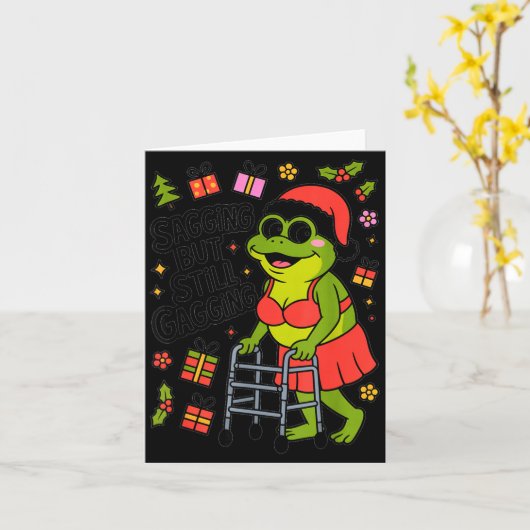 Sagging But Still Gagging Funny Christmas Frog Hol カード (黄色い花)