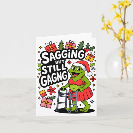 Sagging But Still Gagging Funny Christmas Frog Hol カード (黄色い花)