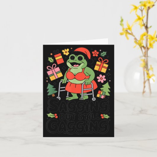 Sagging But Still Gagging Funny Christmas Frog Hol カード (黄色い花)