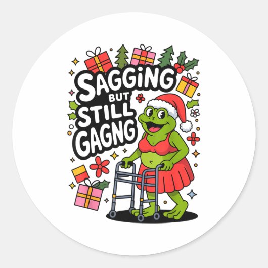 Sagging But Still Gagging Funny Christmas Frog Hol ラウンドシール (正面)