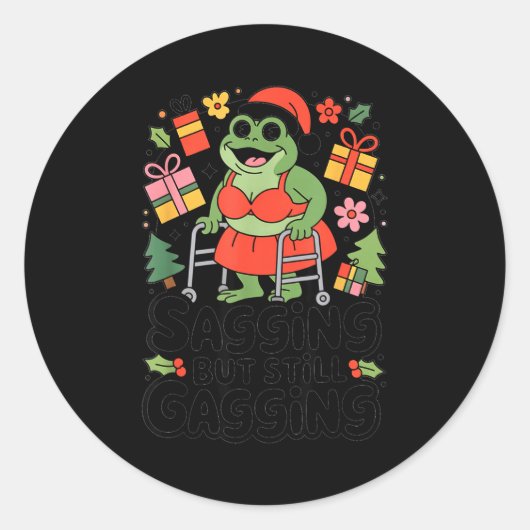 Sagging But Still Gagging Funny Christmas Frog Hol ラウンドシール (正面)