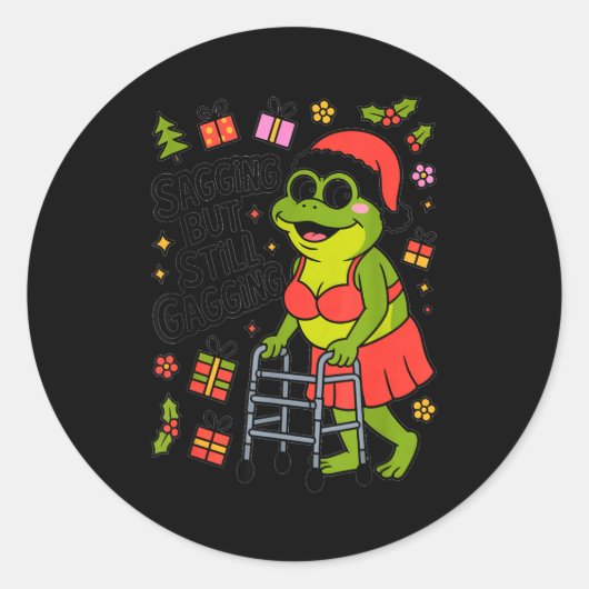 Sagging But Still Gagging Funny Christmas Frog Hol ラウンドシール (正面)