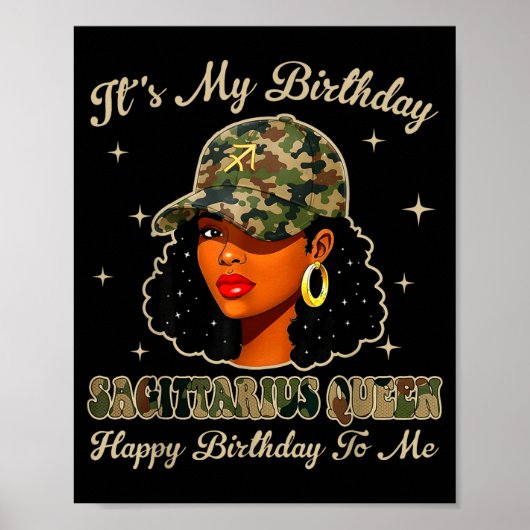Sagittarius Queen Black Woman With Cap Camo Afro G ポスター (正面)