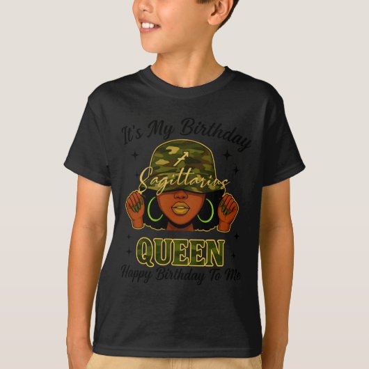 Sagittarius Queen Black Woman With Cap Camo It's M Tシャツ (正面)