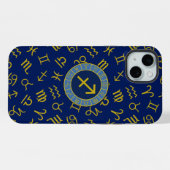 Sagittarius Zodiac+Astrology Symbols Ptn Gld+Blues iPhoneケース (裏面横)