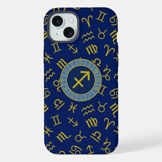 Sagittarius Zodiac+Astrology Symbols Ptn Gld+Blues iPhoneケース (裏面)