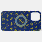 Sagittarius Zodiac+Astrology Symbols Ptn Gld+Blues iPhoneケース (裏面横)