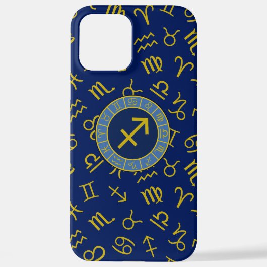 Sagittarius Zodiac+Astrology Symbols Ptn Gld+Blues iPhoneケース (裏面)