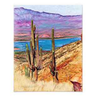 Saguaro Cactiブルーレイクパープルマウンテンズアリゾナ フォトプリント
