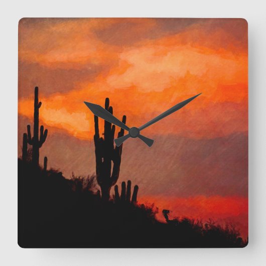 Saguaro CactusシルエットArizona Red Sunset スクエア壁時計 (正面)