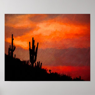 Saguaro CactusシルエットArizona Red Sunset ポスター