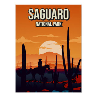 Saguaro National Park Sunset Nature Landscape Trav ポスター