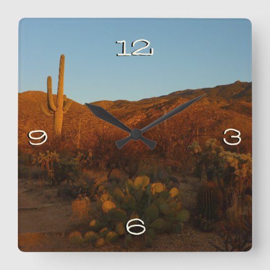 Saguaro Sunset I Arizona Desert Landscape スクエア壁時計 (正面)
