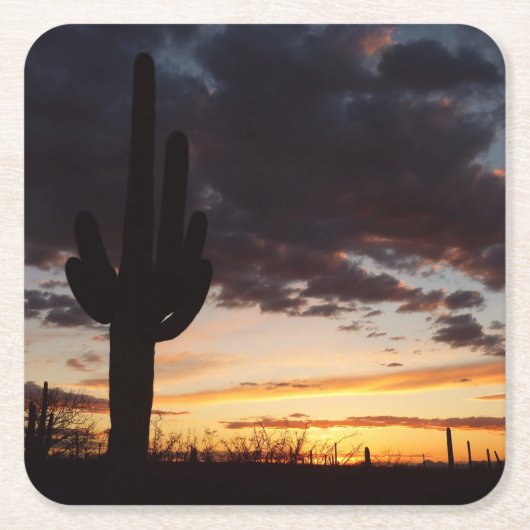 Saguaro Sunset IIIアリゾナ砂漠の風景 スクエアペーパーコースター (正面)