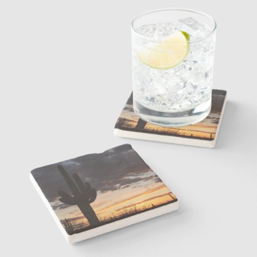 Saguaro Sunset IIIアリゾナ砂漠の風景 ストーンコースター (横)