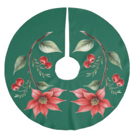 Saia para Árvore de Natal verde e Flores Vermelhas ブラッシュドポリエステルツリースカート