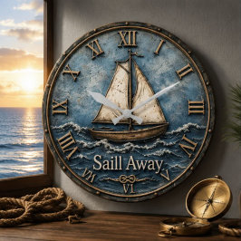 Sail Away Nautical Sailboat Coastal Beach House ラージ壁時計