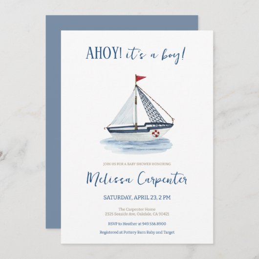 Sailboat航海の Ahoyそれは男の子の赤ちゃんシャワーだ 招待状 (正面/裏面)