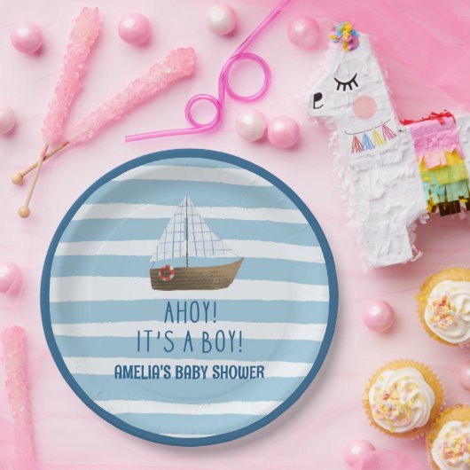 Sailboat Ahoyその少年の青い赤ちゃんシャワー ペーパープレート (パーティー)