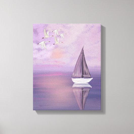 Sailboat and Swans at Sunset – Purple Canvas Wall  キャンバスプリント (正面)