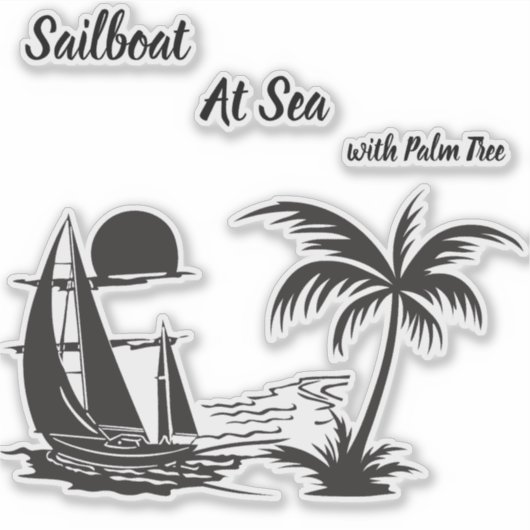 Sailboat at Sea with Palm Tree – Tropical Beach シール (正面)