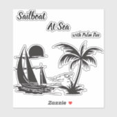 Sailboat at Sea with Palm Tree – Tropical Beach シール (シート)