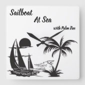 Sailboat at Sea with Palm Tree – Tropical Beach スクエア壁時計 (正面)