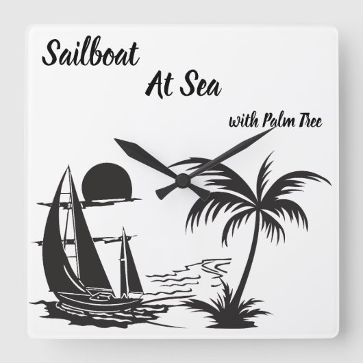 Sailboat at Sea with Palm Tree – Tropical Beach スクエア壁時計 (正面)