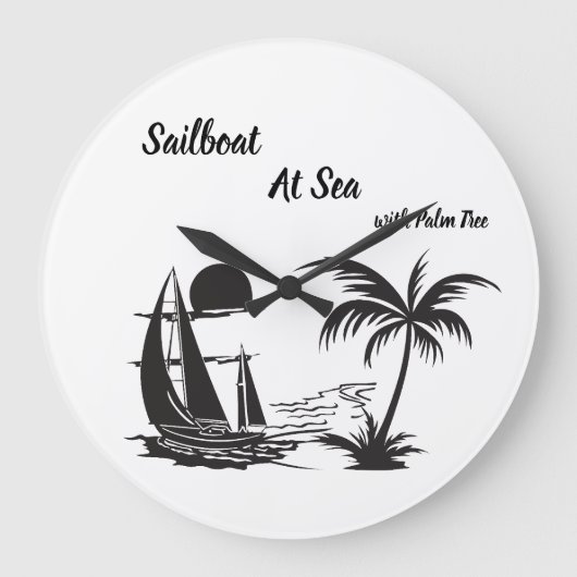Sailboat at Sea with Palm Tree – Tropical Beach ラージ壁時計 (正面)
