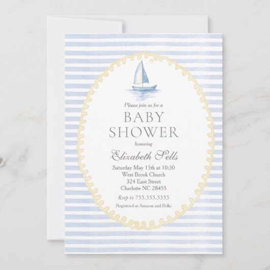 Sailboat Baby Shower Invitation, Boy baby shower 招待状 (正面)
