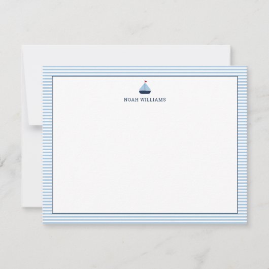 Sailboat Blue Stripes Personalized Stationery ノートカード (正面)