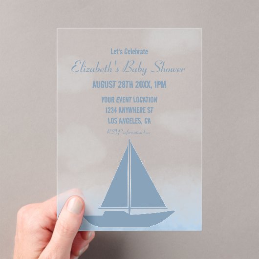 Sailboat Blue Watercolor Boy Baby Shower アクリル招待状 (インサイチュ (ポータブル))