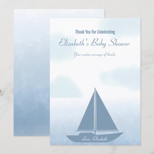 Sailboat Blue Watercolor Boy Baby Shower サンキューカード (正面/裏面)