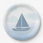 Sailboat Blue Watercolor Boy Baby Shower ペーパープレート (正面)