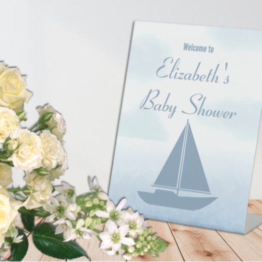 Sailboat Blue Watercolor Boy Baby Shower 台座サイン
