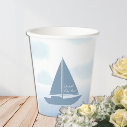Sailboat Blue Watercolor Boy Baby Shower 紙コップ
