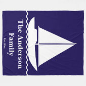 Sailboat Dark Blue and White Family Name Est. Year フリースブランケット (正面(横))