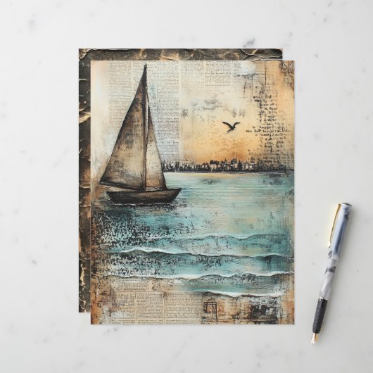 Sailboat Mixed Media Junk Journalページ (正面/裏面インサイチュ)
