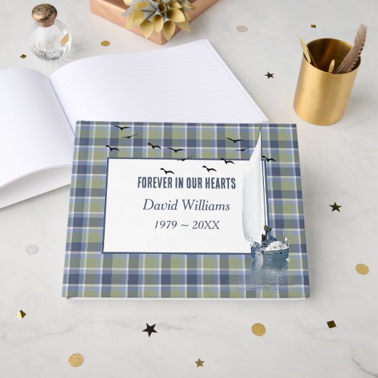 Sailboat On Plaid For Memorial Service ゲストブック (正面見開き)