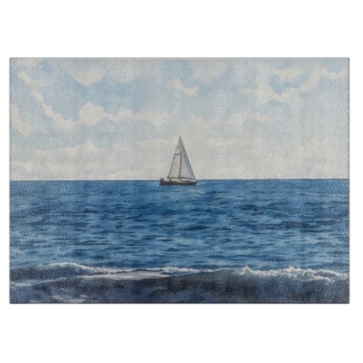 Sailboat Sailing on the Ocean Blue Glass カッティングボード (正面)