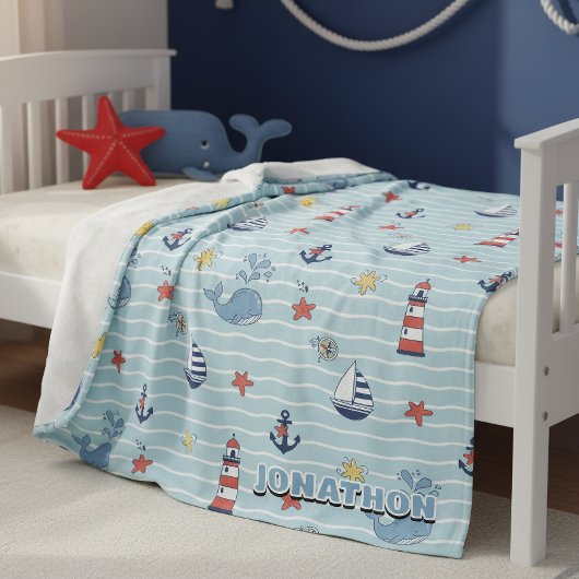 Sailboat, Wave and Whale Pattern ID1228 フリースブランケット