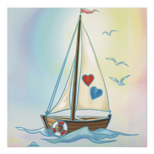 Sailing Hearts – Minimalist Boat with Love Sails ポスター (正面)
