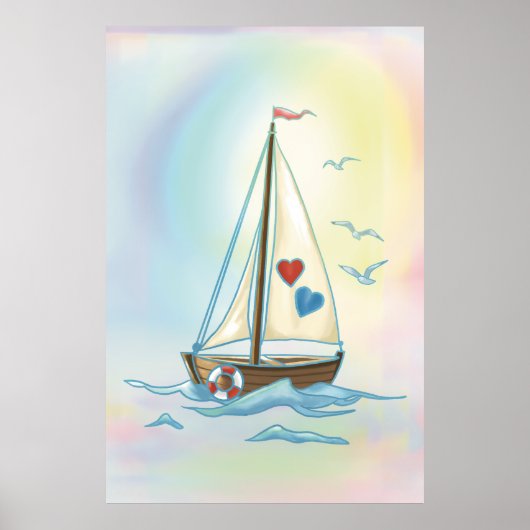 Sailing Hearts – Minimalist Boat with Love Sails ポスター (正面)