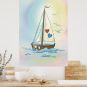 Sailing Hearts – Minimalist Boat with Love Sails ポスター (キッチン)